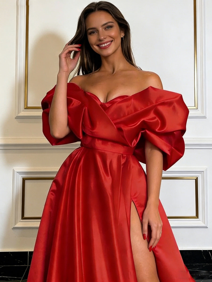 Ball Gown Off Shoulder Strapless Pleated Satin Prom Dresses with High Slit