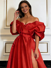 Ball Gown Off Shoulder Strapless Pleated Satin Prom Dresses with High Slit