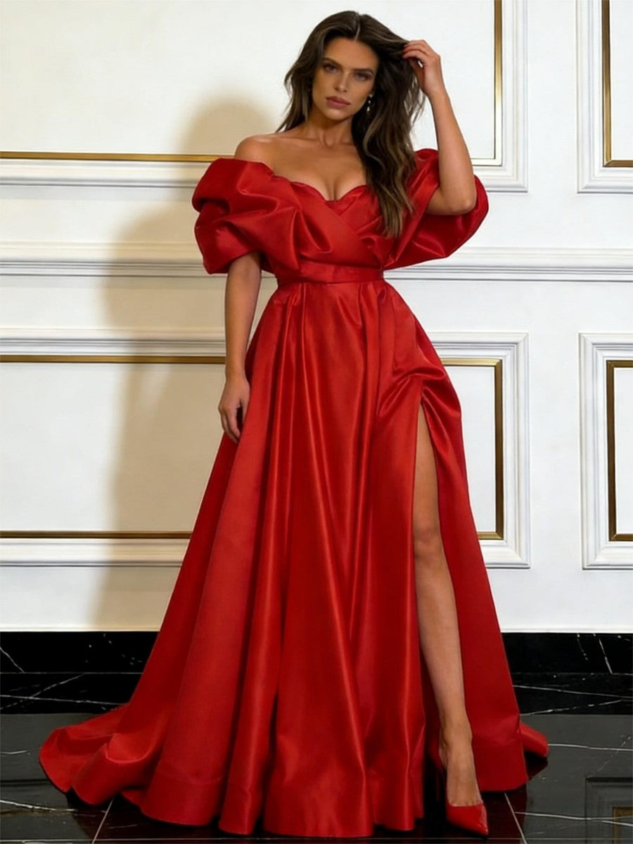 Ball Gown Off Shoulder Strapless Pleated Satin Prom Dresses with High Slit