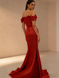 Sheath/Column Off Shoulder Sleeveless Pleated Satin Sequins Evening Dresses with Slit