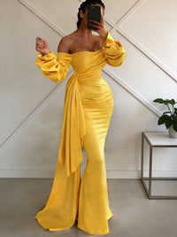 Sheath/Column Off Shoulder Long Sleeves Satin Floor-Length Formal Dresses with Pleats
