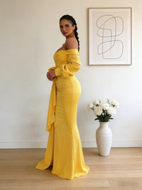 Sheath/Column Off Shoulder Long Sleeves Satin Floor-Length Formal Dresses with Pleats