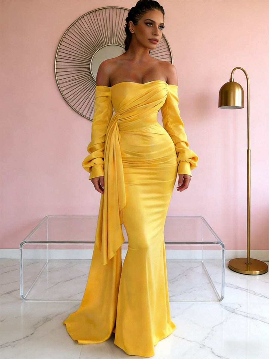 Sheath/Column Off Shoulder Long Sleeves Satin Floor-Length Formal Dresses with Pleats