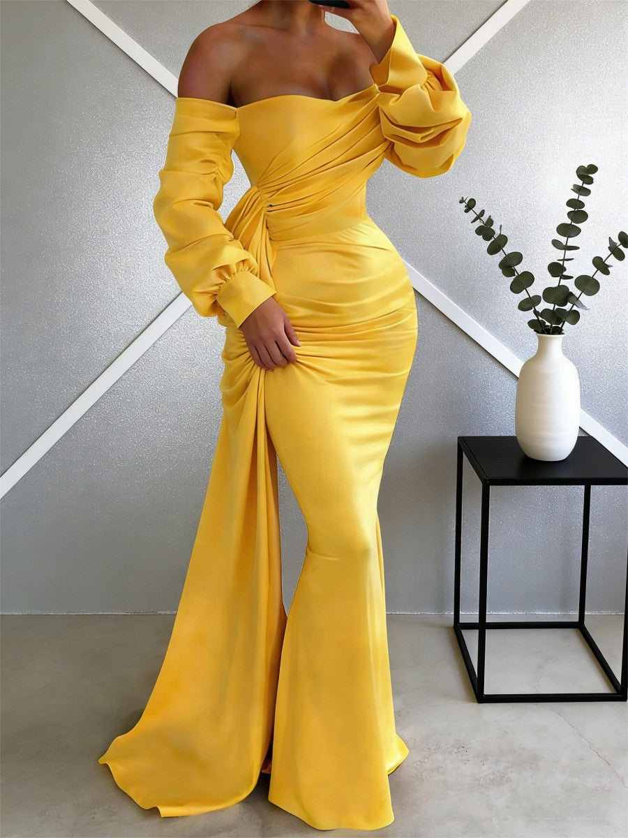 Sheath/Column Off Shoulder Long Sleeves Satin Floor-Length Formal Dresses with Pleats