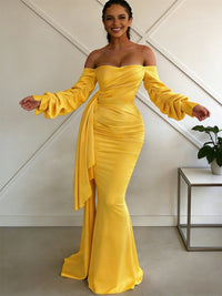 Sheath/Column Off Shoulder Long Sleeves Satin Floor-Length Formal Dresses with Pleats