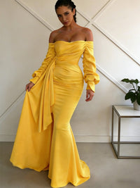 Sheath/Column Off Shoulder Long Sleeves Satin Floor-Length Formal Dresses with Pleats