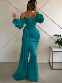 Sheath/Column Off Shoulder Long Sleeves Satin Floor-Length Formal Dresses with Pleats