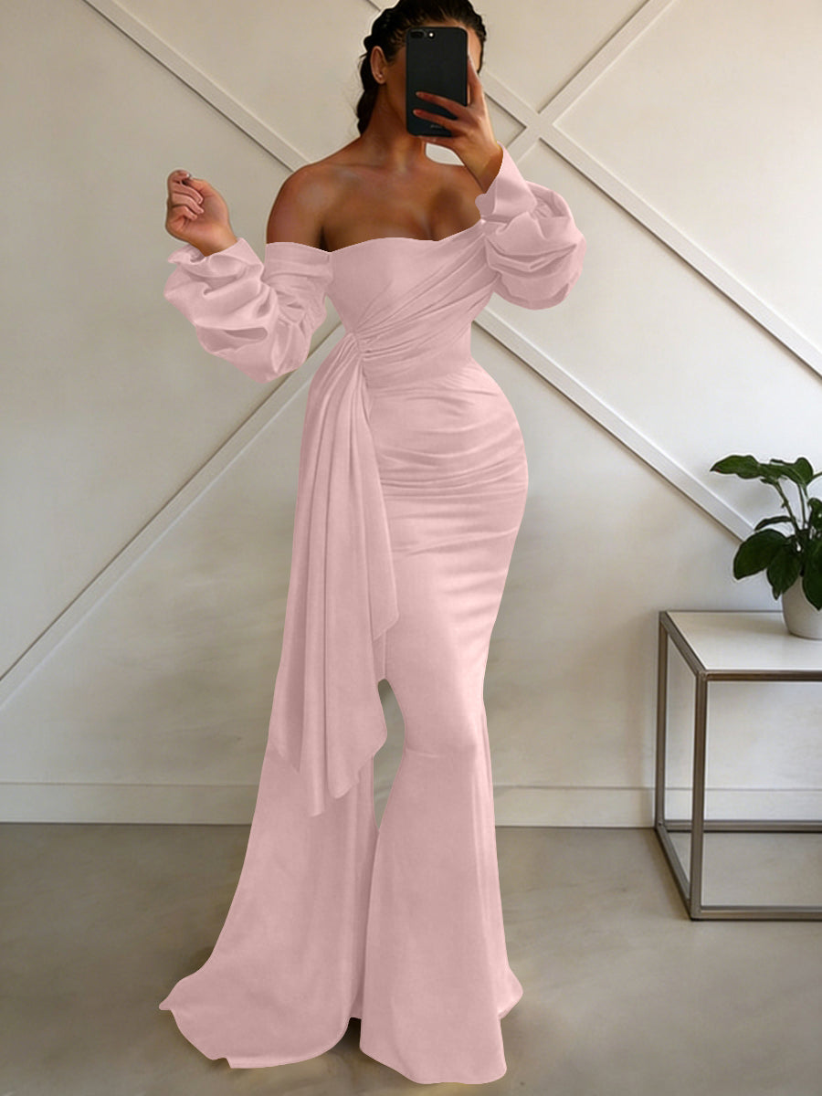 Sheath/Column Off Shoulder Long Sleeves Satin Floor-Length Formal Dresses with Pleats