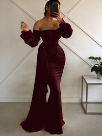 Sheath/Column Off Shoulder Long Sleeves Satin Floor-Length Formal Dresses with Pleats