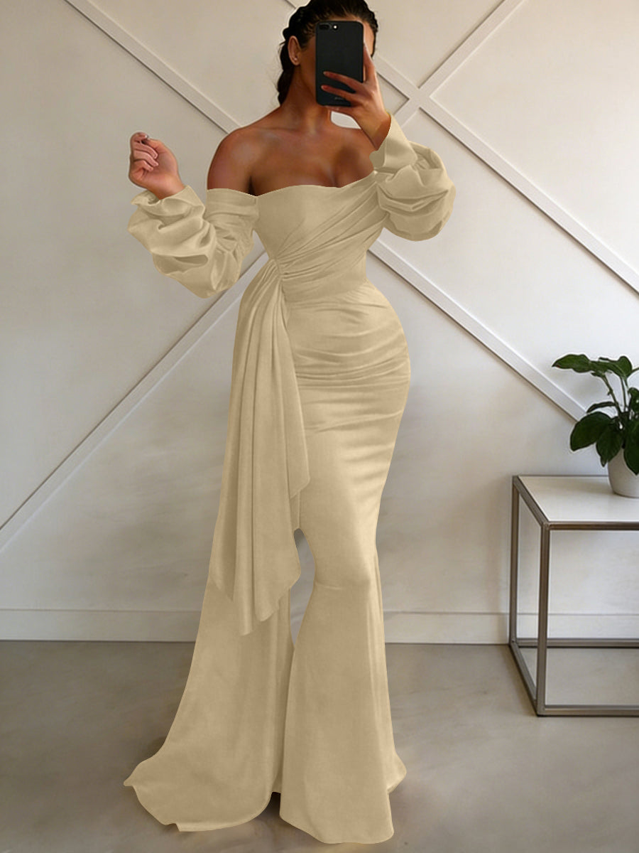 Sheath/Column Off Shoulder Long Sleeves Satin Floor-Length Formal Dresses with Pleats