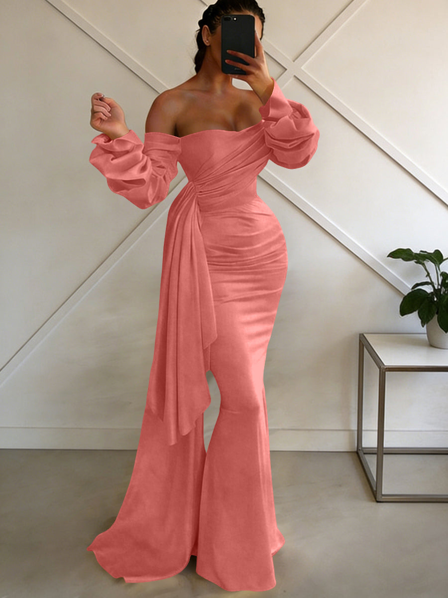 Sheath/Column Off Shoulder Long Sleeves Satin Floor-Length Formal Dresses with Pleats