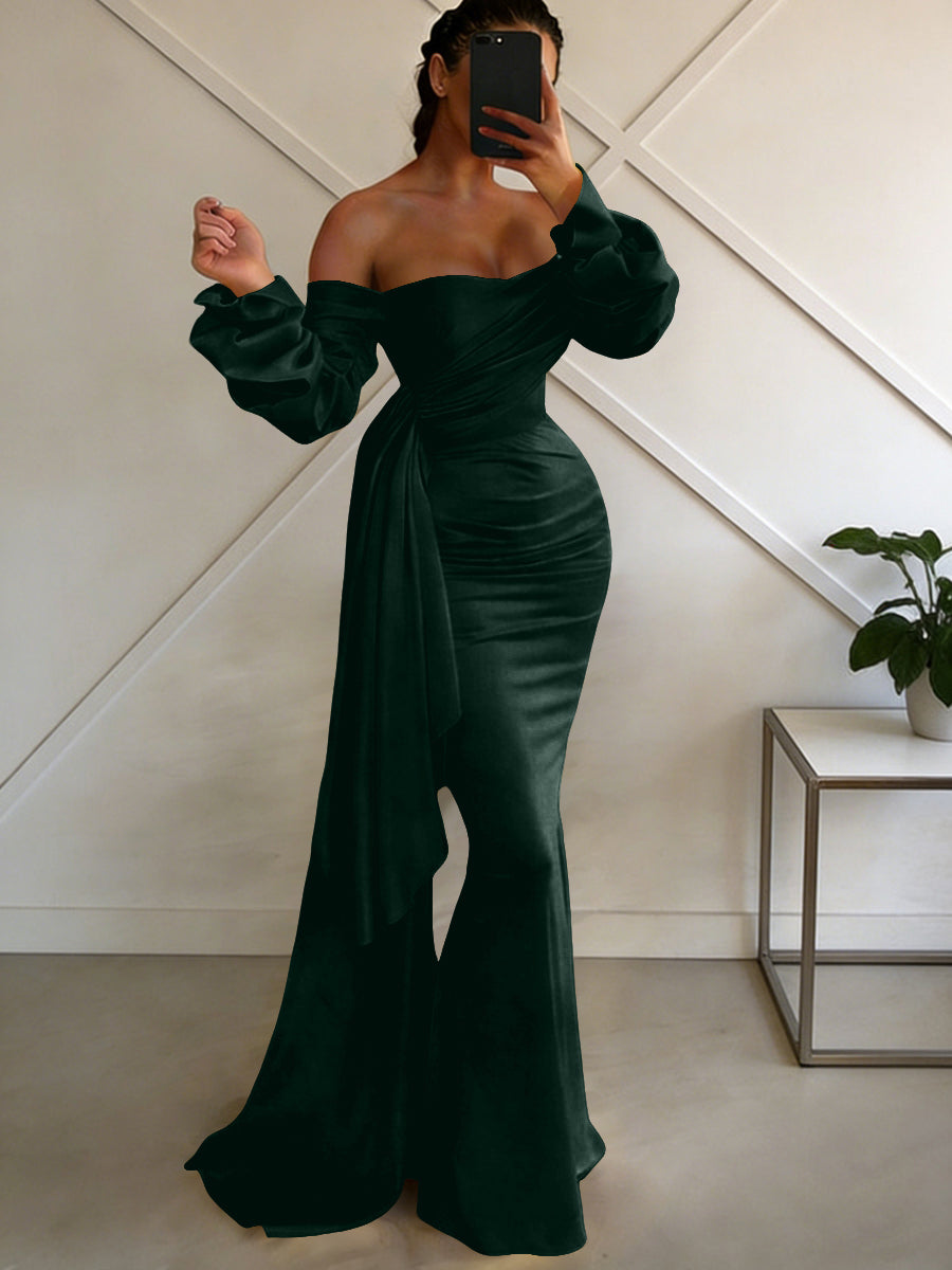 Sheath/Column Off Shoulder Long Sleeves Satin Floor-Length Formal Dresses with Pleats