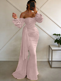 Sheath/Column Off Shoulder Long Sleeves Satin Floor-Length Formal Dresses with Pleats