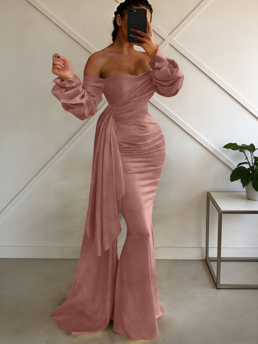 Sheath/Column Off Shoulder Long Sleeves Satin Floor-Length Formal Dresses with Pleats