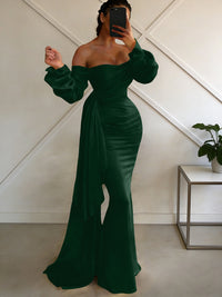 Sheath/Column Off Shoulder Long Sleeves Satin Floor-Length Formal Dresses with Pleats