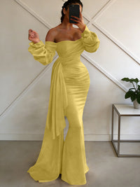 Sheath/Column Off Shoulder Long Sleeves Satin Floor-Length Formal Dresses with Pleats
