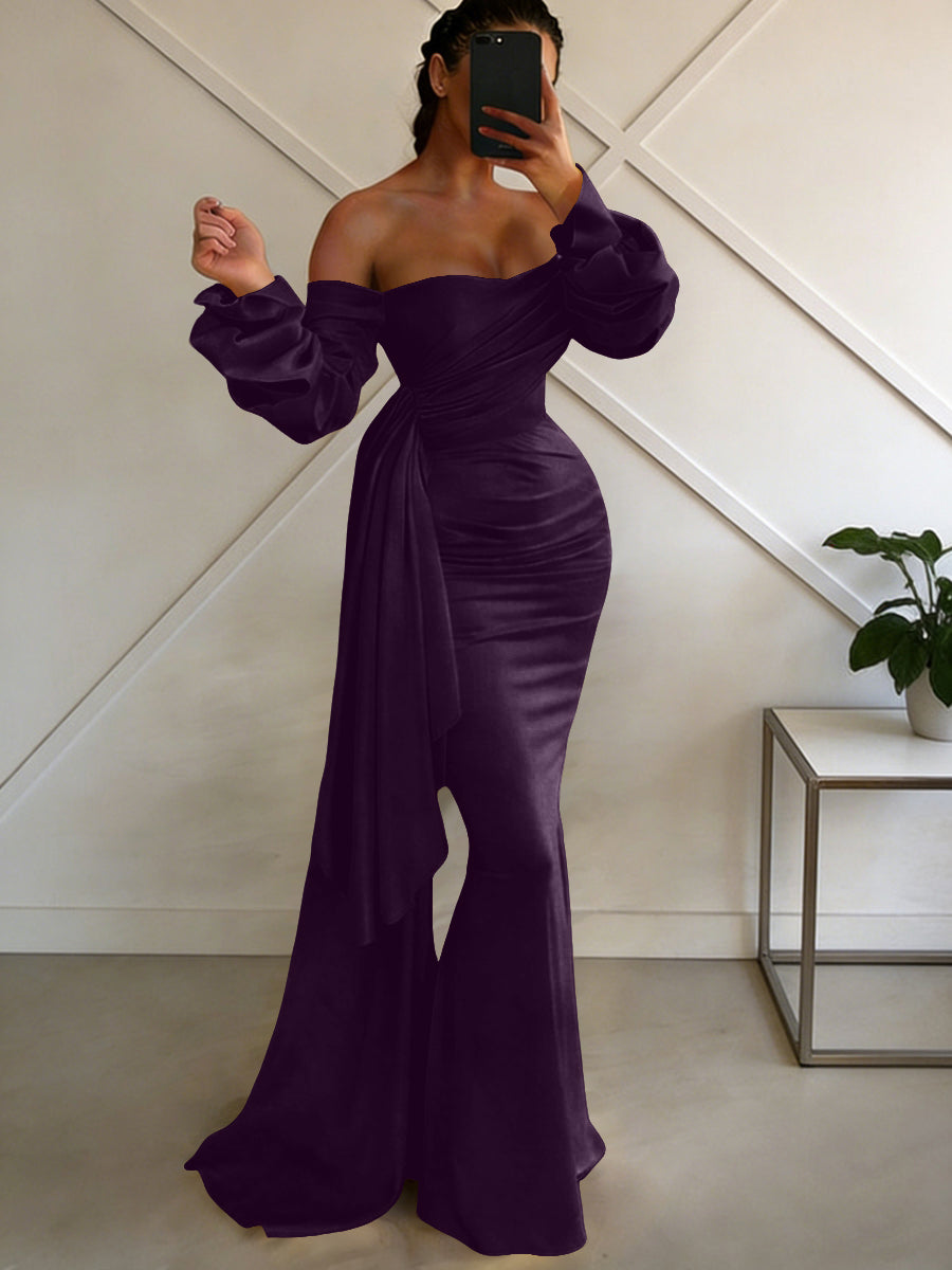 Sheath/Column Off Shoulder Long Sleeves Satin Floor-Length Formal Dresses with Pleats