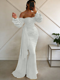 Sheath/Column Off Shoulder Long Sleeves Satin Floor-Length Formal Dresses with Pleats