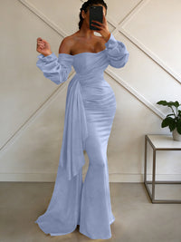 Sheath/Column Off Shoulder Long Sleeves Satin Floor-Length Formal Dresses with Pleats