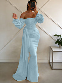 Sheath/Column Off Shoulder Long Sleeves Satin Floor-Length Formal Dresses with Pleats