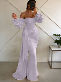 Sheath/Column Off Shoulder Long Sleeves Satin Floor-Length Formal Dresses with Pleats