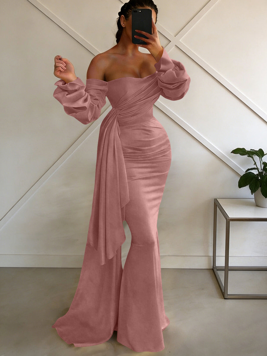 Sheath/Column Off Shoulder Long Sleeves Satin Floor-Length Formal Dresses with Pleats
