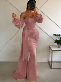 Sheath/Column Off Shoulder Long Sleeves Satin Floor-Length Formal Dresses with Pleats