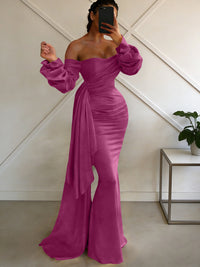 Sheath/Column Off Shoulder Long Sleeves Satin Floor-Length Formal Dresses with Pleats