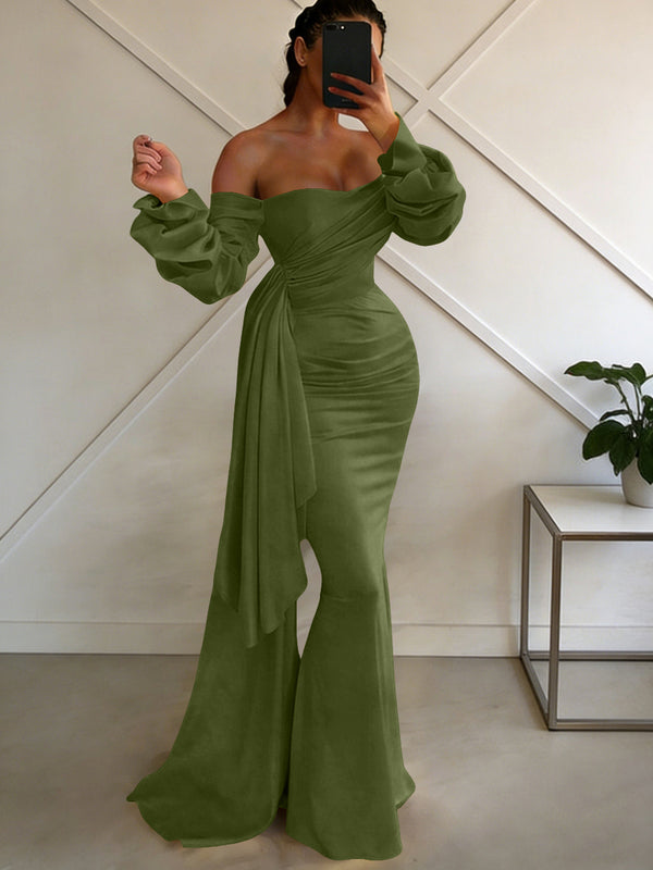 Sheath/Column Off Shoulder Long Sleeves Satin Floor-Length Formal Dresses with Pleats
