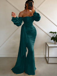 Sheath/Column Off Shoulder Long Sleeves Satin Floor-Length Formal Dresses with Pleats