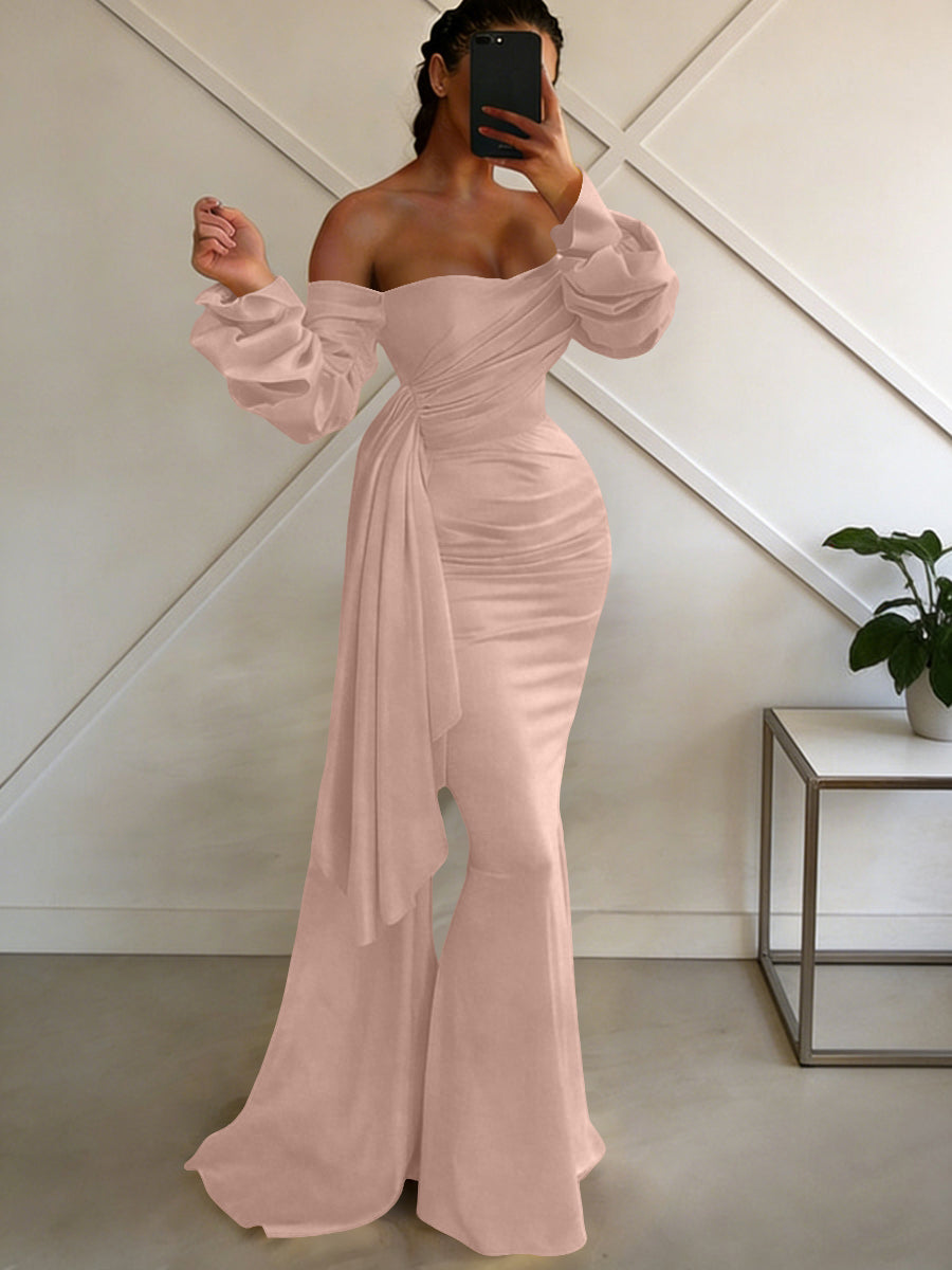 Sheath/Column Off Shoulder Long Sleeves Satin Floor-Length Formal Dresses with Pleats