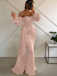 Sheath/Column Off Shoulder Long Sleeves Satin Floor-Length Formal Dresses with Pleats