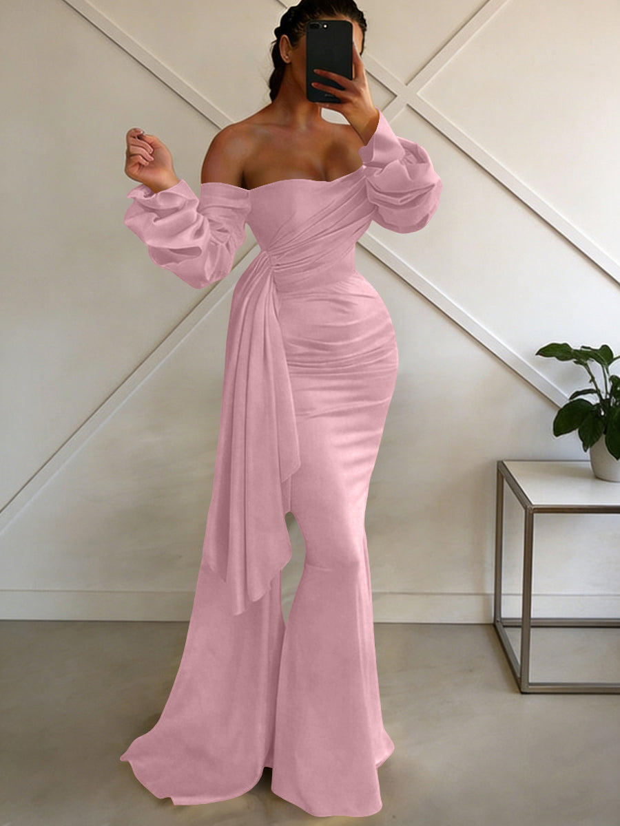 Sheath/Column Off Shoulder Long Sleeves Satin Floor-Length Formal Dresses with Pleats