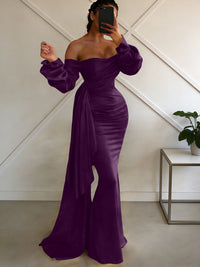 Sheath/Column Off Shoulder Long Sleeves Satin Floor-Length Formal Dresses with Pleats