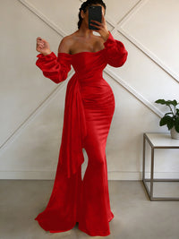 Sheath/Column Off Shoulder Long Sleeves Satin Floor-Length Formal Dresses with Pleats