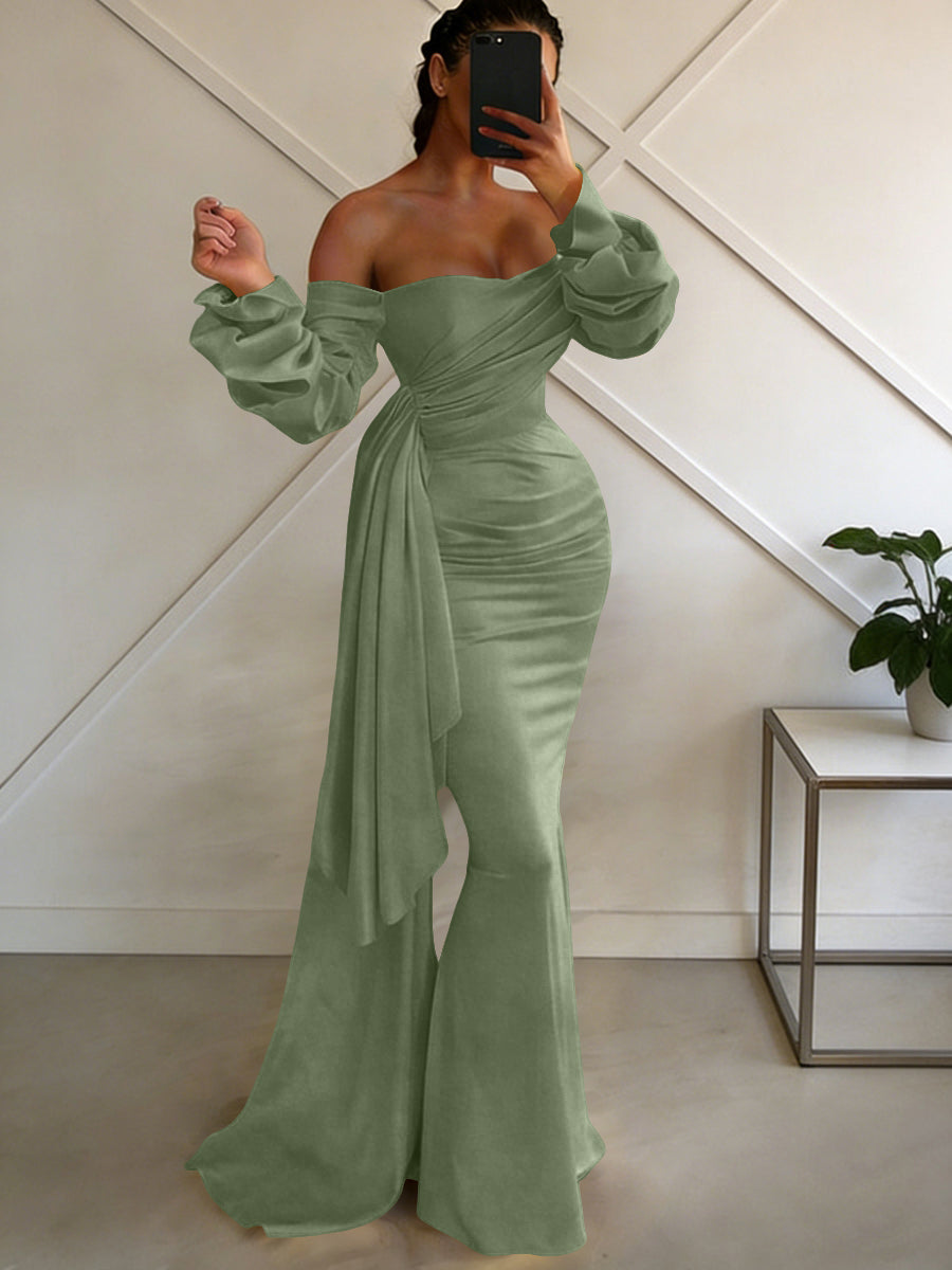 Sheath/Column Off Shoulder Long Sleeves Satin Floor-Length Formal Dresses with Pleats