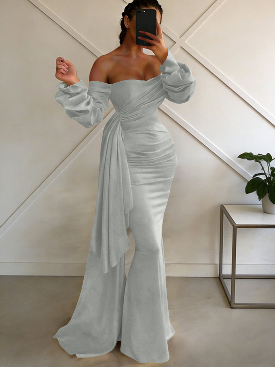 Sheath/Column Off Shoulder Long Sleeves Satin Floor-Length Formal Dresses with Pleats