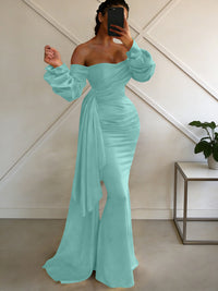 Sheath/Column Off Shoulder Long Sleeves Satin Floor-Length Formal Dresses with Pleats