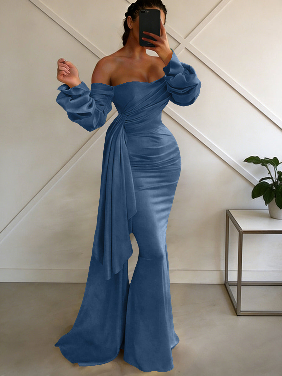 Sheath/Column Off Shoulder Long Sleeves Satin Floor-Length Formal Dresses with Pleats