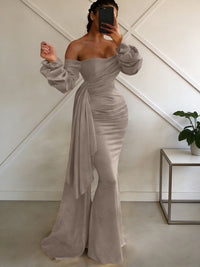 Sheath/Column Off Shoulder Long Sleeves Satin Floor-Length Formal Dresses with Pleats