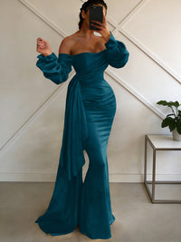 Sheath/Column Off Shoulder Long Sleeves Satin Floor-Length Formal Dresses with Pleats