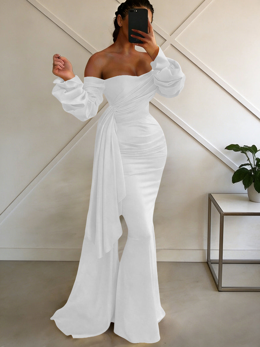 Sheath/Column Off Shoulder Long Sleeves Satin Floor-Length Formal Dresses with Pleats