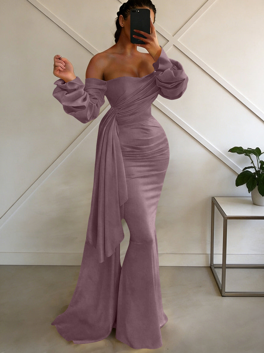 Sheath/Column Off Shoulder Long Sleeves Satin Floor-Length Formal Dresses with Pleats