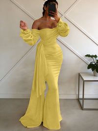 Sheath/Column Off Shoulder Long Sleeves Satin Floor-Length Formal Dresses with Pleats