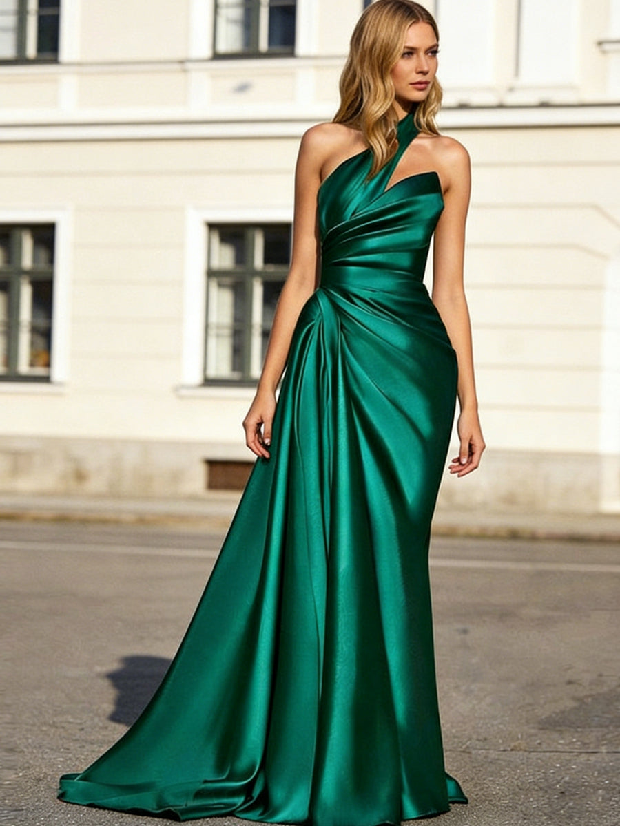 Sheath/Column One-Shoulder Sleeveless Satin Long Prom Dresses with Pleats