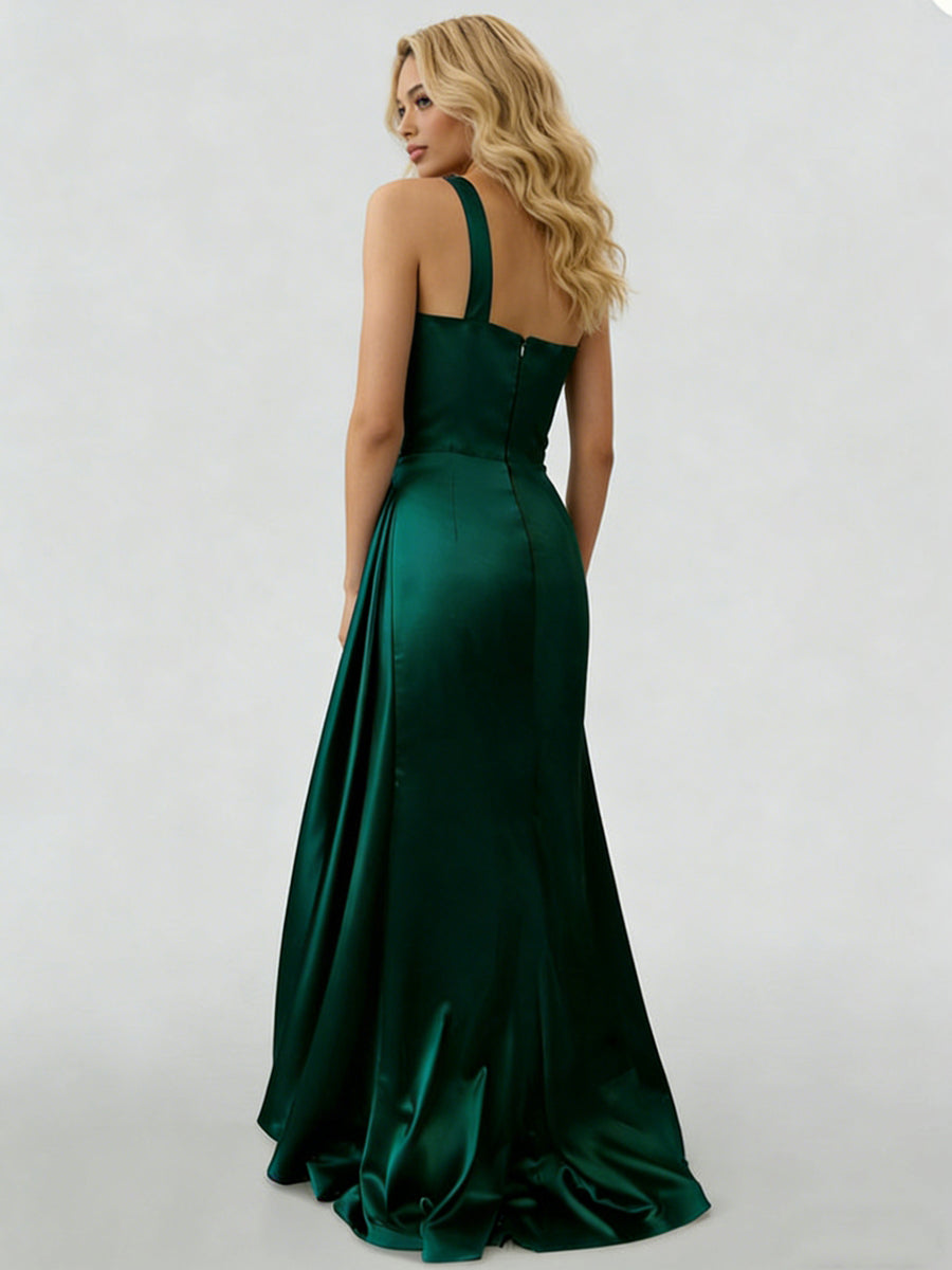 Sheath/Column One-Shoulder Sleeveless Satin Long Prom Dresses with Pleats