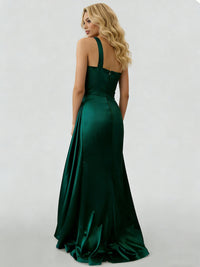 Sheath/Column One-Shoulder Sleeveless Satin Long Prom Dresses with Pleats