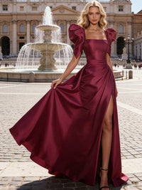 A-Line/Princess Square Neck Short Sleeves Pleated Satin Long Prom Dresses with High Slit