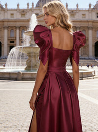 A-Line/Princess Square Neck Short Sleeves Pleated Satin Long Prom Dresses with High Slit