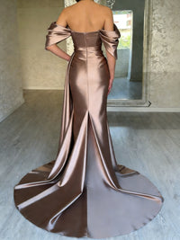 Sheath/Column Off Shoulder Pleated Satin Sweep/Brush Train Prom Dresses with Slit